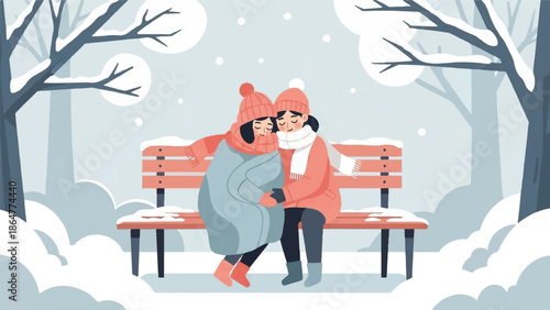 Couple Embracing on a Snowy Park Bench Surrounded by Winter Landscape