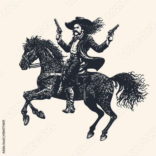A wild cowboy or gunslinger with two pistols on a rearing horse. Vector illustration in a vintage, hand-drawn engraving style. Isolated western hero.