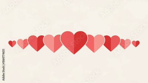 A series of red hearts in varying shades arranged in a horizontal line on a soft beige background