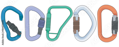 Set of colorful metal carabiner clips in different shapes and designs, isolated on white background.