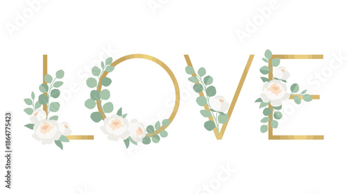 Elegant floral typography spelling LOVE with delicate pastel blossoms, gold accents, and greenery for romantic weddings, spring decor, and decorative design