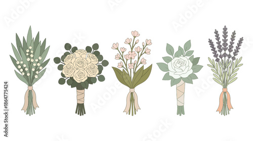 Five rustic tied bouquet arrangements featuring pastel flowers and greenery, decorative spring stems illustration