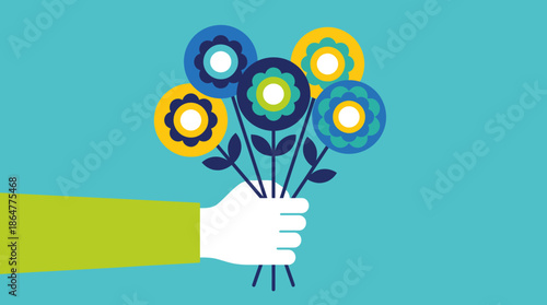 Colorful gears bouquet held by a hand on a turquoise background, symbolizing engineering, innovation and teamwork