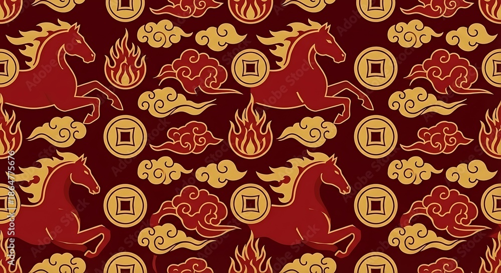 Fototapeta premium Chinese New Year 2026 Fire Horse Seamless Luxury Pattern Vector