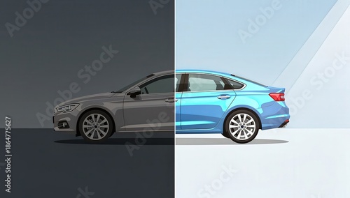 Two-toned image showcasing a stylish car, split between a dark, muted tone and a bright blue.