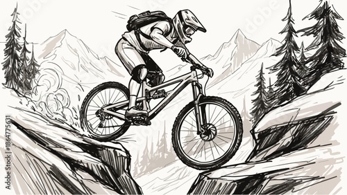 Action sketch of a mountain biker descending a rocky trail