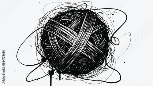 Chaotic scribble ball of tangled black lines