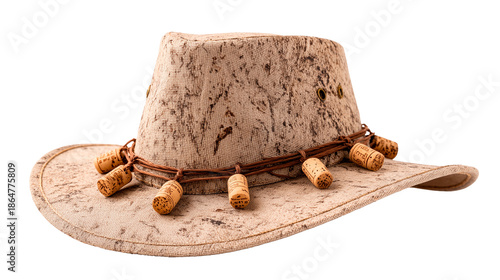Traditional Akubra hat with corks hanging from the brim displayed in outdoor setting during bright daylight hours