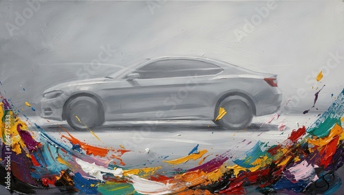 Monochromatic painting of a generic car emerges from a burst of vibrant colors and artistry.