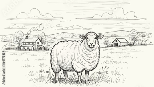 Rural landscape sketch with sheep in a farm pasture