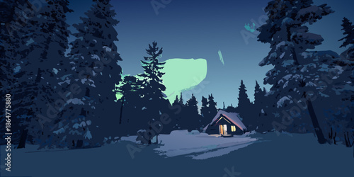 Cozy cabin nestled in a snowy forest under a glowing night sky