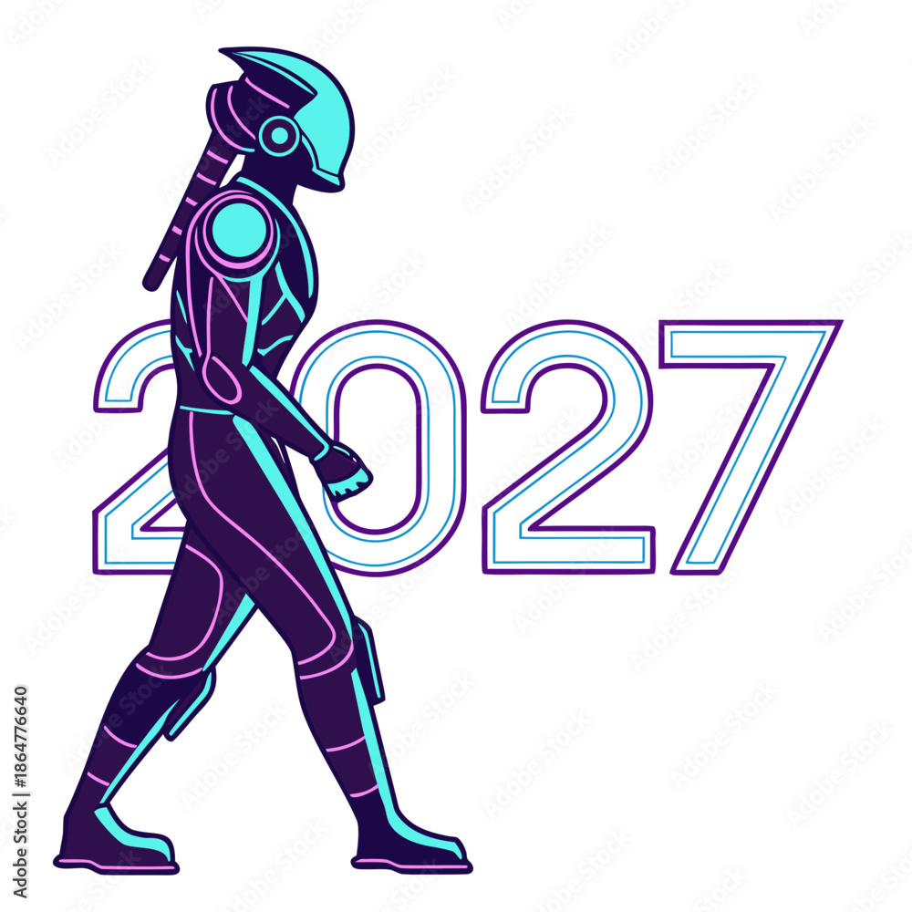 Fototapeta premium Futuristic robot walking 2027 neon blue purple