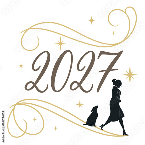 Luxury gold typography 2027 serif font woman dog