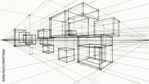 Architectural perspective sketch of geometric cubes