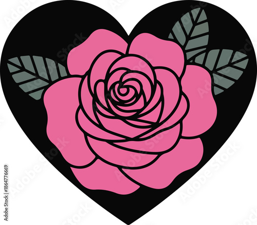 Pink rose flower illustration inside a black heart shape.
