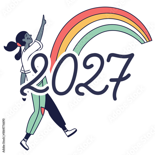 Woman pointing at rainbow 2027 gradient typography