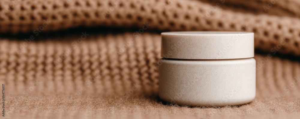 Naklejka premium Skincare Exfoliation Ritual concept. Minimalist cosmetic jar on textured fabric background