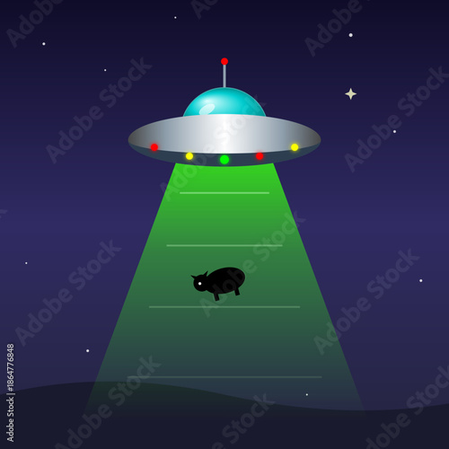 Cartoon UFO Abduction Scene with Farm Animal Silhouette