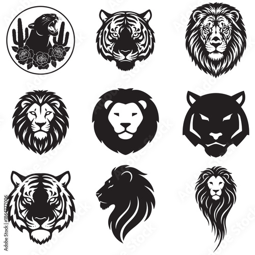 Bold Wild Cat Silhouettes – Lion, Tiger & Panther Vector Head Collection