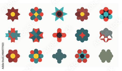 Geometric abstract flower icons vector set in Memphis retro style