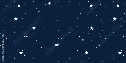 Night Sky Pattern with Shooting Stars and Dots on Dark Blue Background