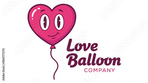 A pink heart-shaped balloon with a smiling face and eyes, floating in the air, representing love and joy