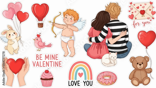 Couple sharing love surrounded by valentine elements and symbols from different viewpoints