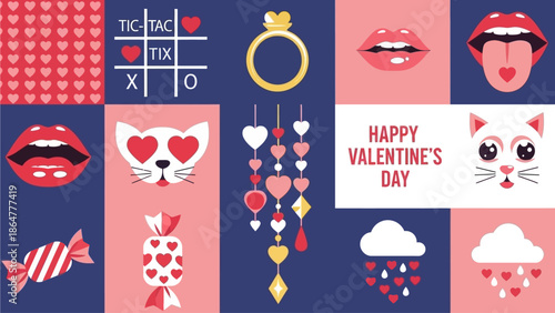 A vibrant collage of Valentine's Day elements, including hearts, lips, and cat faces, arranged in a visually appealing graphic design