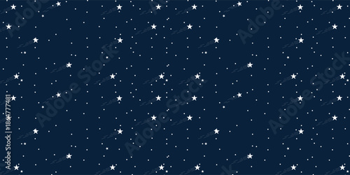 Night Sky Pattern with Shooting Stars and Dots on Dark Blue Background