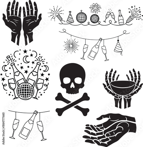 Party and Gothic Hands Clipart Disco Ball, Champagne, Skeleton Hands, Skull and Celebration Icons Bundle