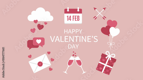 Valentine's Day celebration with hearts and gifts on a pink background from a top view