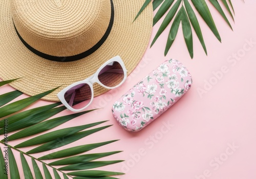 Summer vacation accessories straw hat, sunglasses, and glasses case on pink background