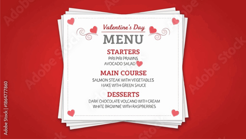 Valentine's Day Menu Card Stack with Heart Decorations and Red Background