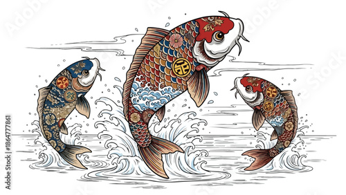 Hand-drawn sketch of three koi fish swimming