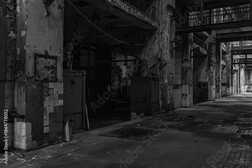 Dark abandoned industrial corridor interior