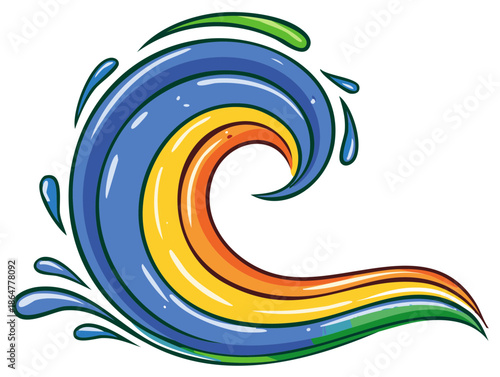 Stylized Swirling Wave with Water Splashes and Bright Colors