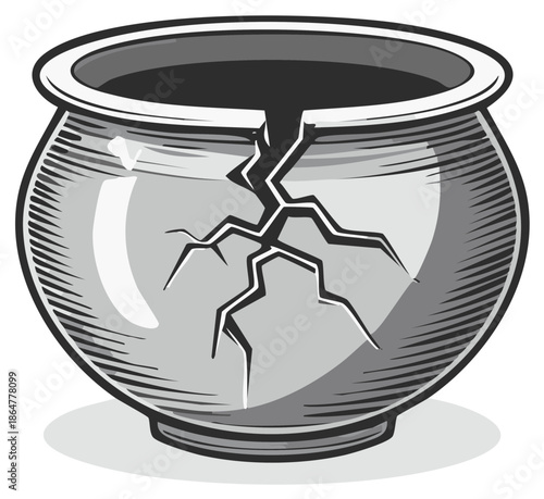 Broken bowl illustration, cracked pot, damaged glassware or container, vintage style.
