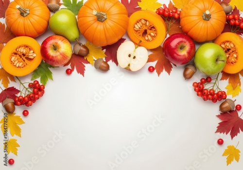Autumn harvest assortment of pumpkins, apples, pears, and berries on a light background