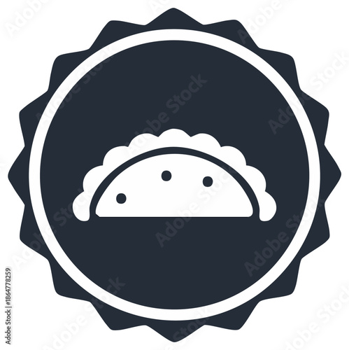 Empanada emblem with filling and wavy border design in black and white, food icon for logo and graphic projects, traditional snack