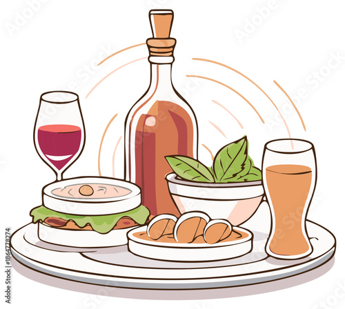 Stylized Illustration of Food and Beverages on a Plate, including a bottle, drink, and dish.
