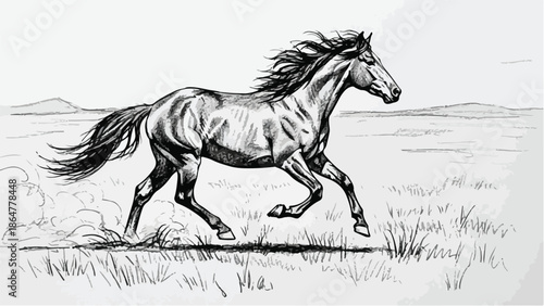 Simple pencil sketch of a horse running in field