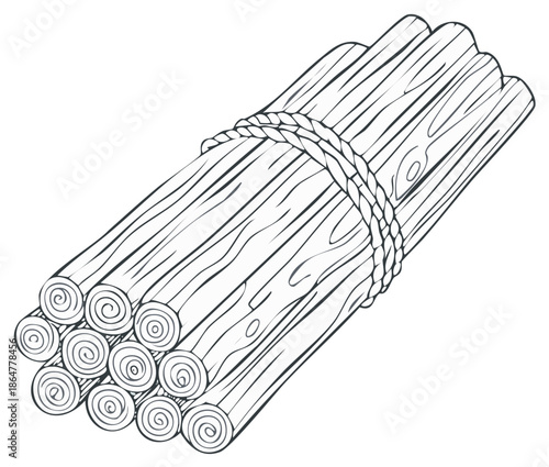 Outline drawing of a bundle of wooden logs tied with natural rope for firewood