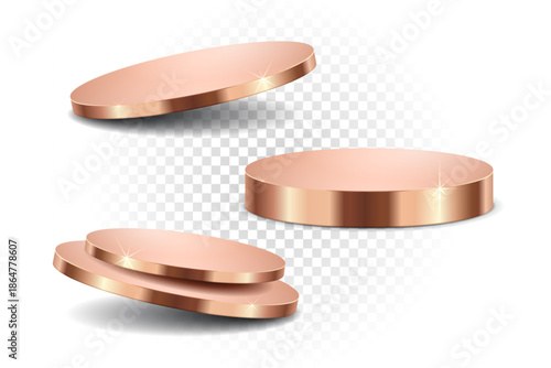 Realistic 3D Rose Gold Podium Vector. Luxury Metal Stage Platform for Shiny Pedestal Product Display Background