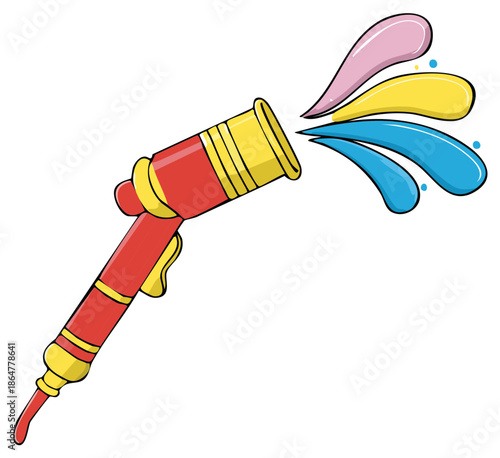 Cartoon illustration of a red and yellow toy water gun shooting colorful water splashes, a playful and fun image