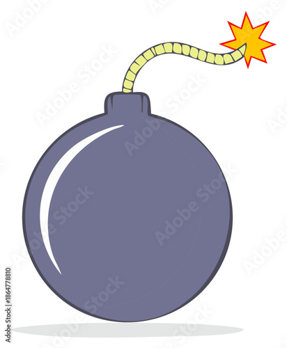 Cartoon Bomb with Fuse Burning, Round Shape and Yellow Star Explosion, Isolated on White Background