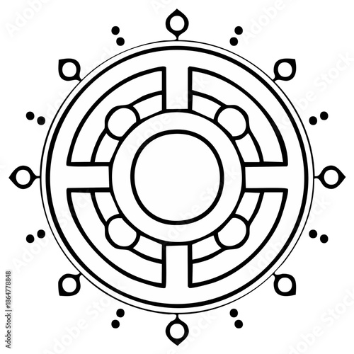Spiritual Dharma Wheel Symbol Outline, Eastern Wisdom and Enlightenment Graphic Element Design