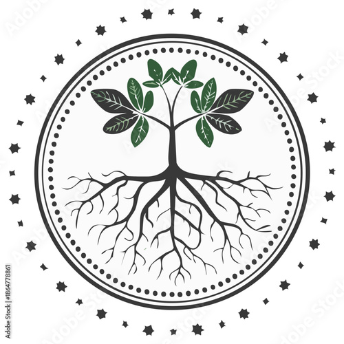 Stylized tree of life emblem with visible roots and leaves in a circular border adorned with stars