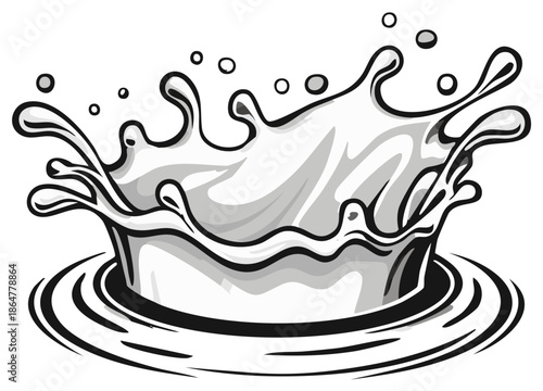 Milk splash illustration with water droplets and ripples, elegant drawing style, perfect for food themes