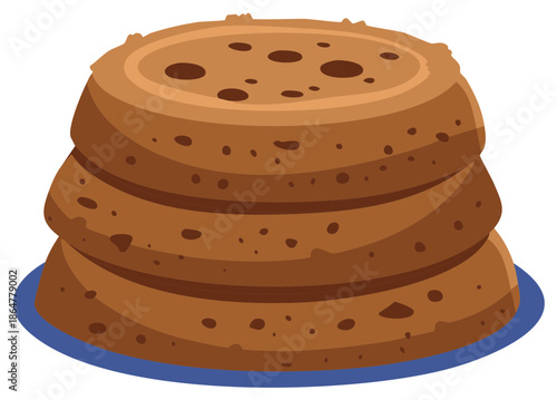 Tall Stack of Fluffy Chocolate Pancakes on a Blue Plate Vector Illustration