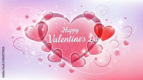 Valentine's day celebration with pink and red hearts on a gradient background, love and romance concept with swirling lines and stars with Valentine s Day